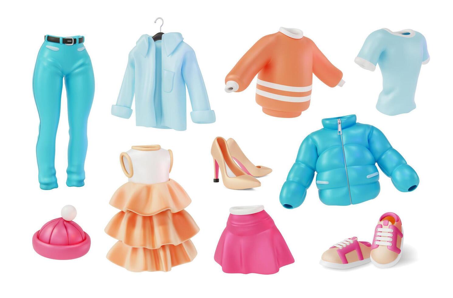 3d Different Clothing Concept Cartoon Design Style. vector