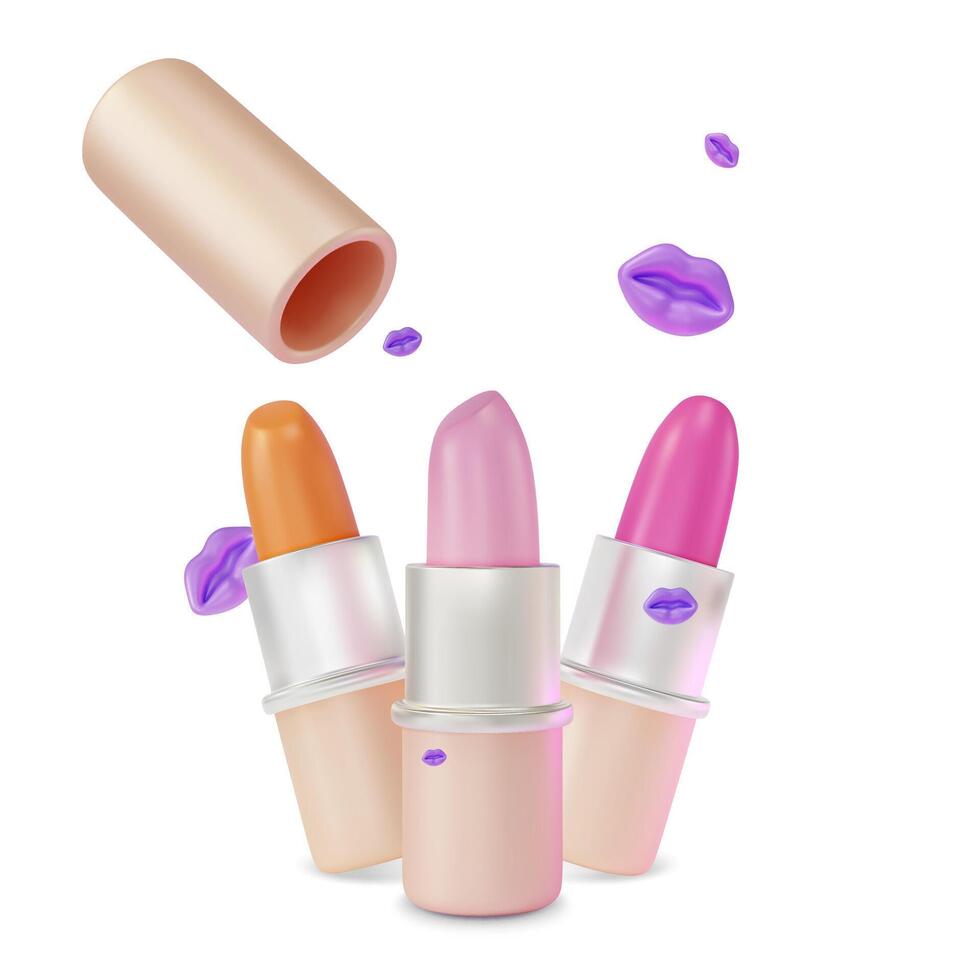 3d diferente color lápiz labial abierto tubo conjunto dibujos animados diseño estilo. vector