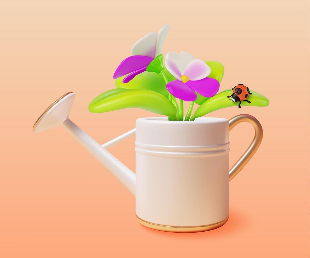 3d primavera pensamientos ramo de flores en riego lata concepto dibujos animados vector
