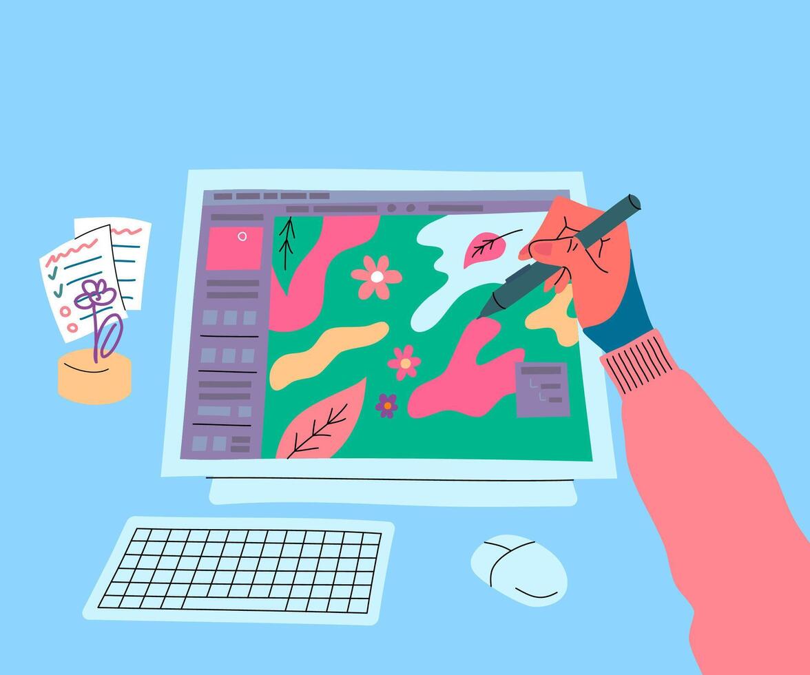 Cartoon Color Character Artist Drawing on Graphic Tablet. vector