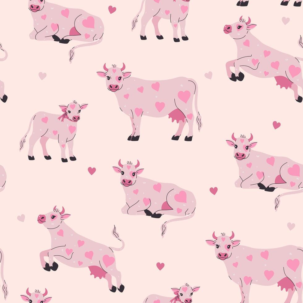 sin costura modelo de linda vacas con rosado en forma de corazon lugares. gráficos. vector