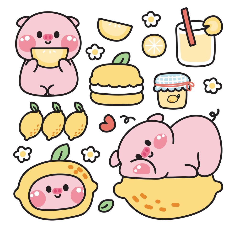 Set of cute pig in lemon concept.Farm animal character cartoon design collection vector