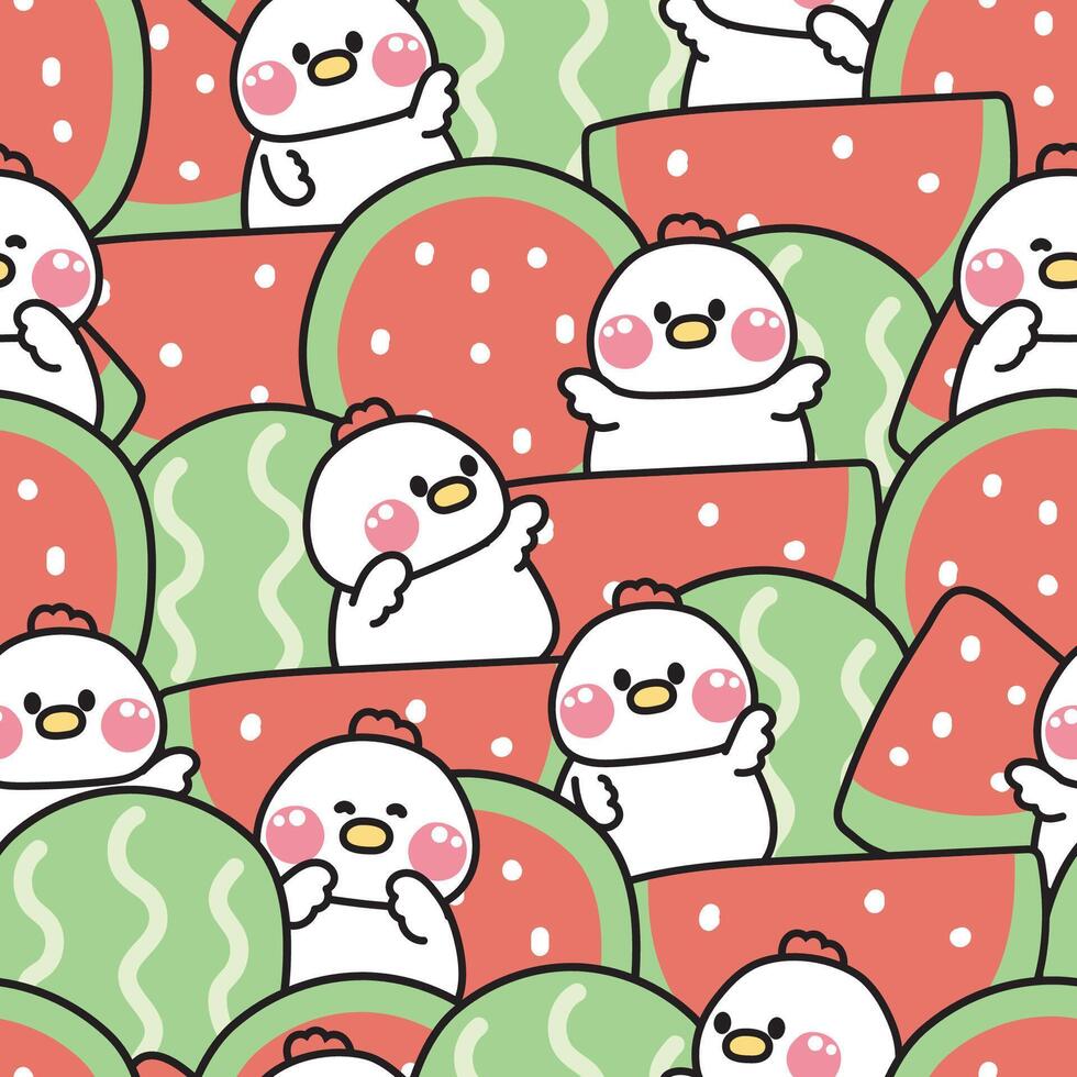Repeat.Seamless pattern of cute hen in various poses with big watermelon fruit background.Farm chicken animal character cartoon design.summer.fresh.Kawaii.llustration. vector