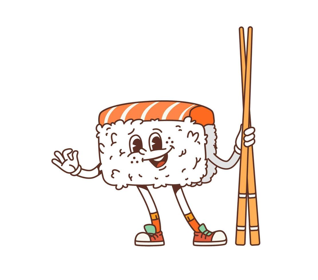 Cartoon japanese sushi groovy character chopsticks vector