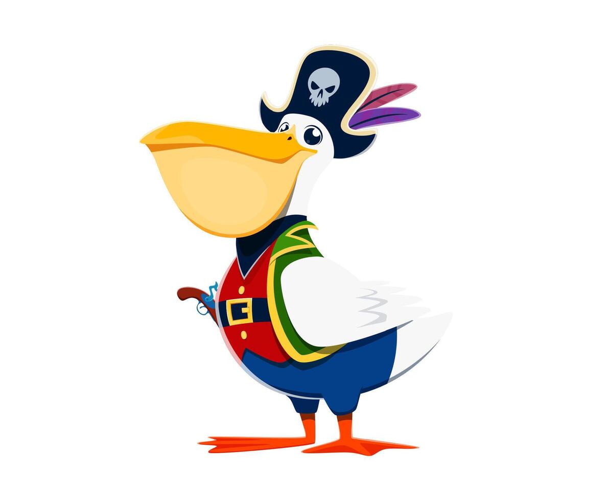 Cartoon pelican bird pirate character, seaman vector