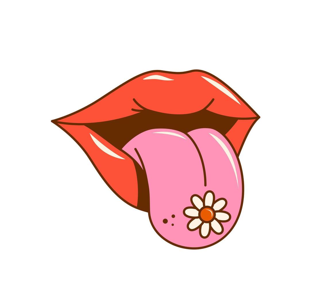 retro maravilloso mujer labios personaje con lengua vector