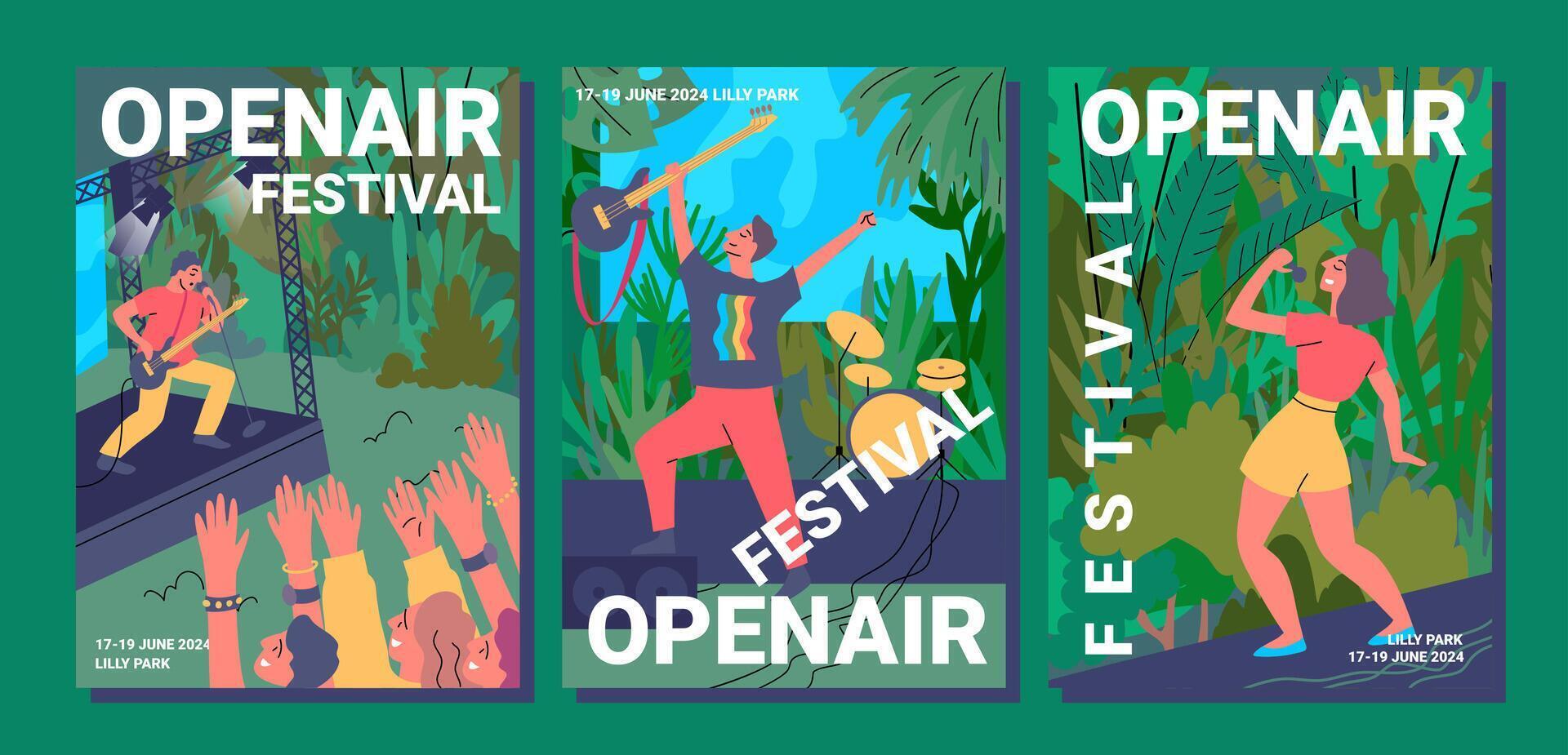 Cartoon Color Open Air Festival Poster Card Set vector