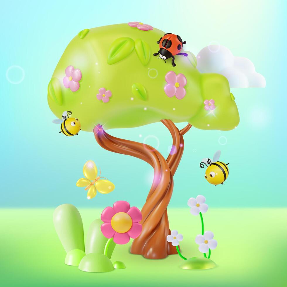 3d Blooming Tree with Flying around Bees, Ladybug Insect and Butterfly Cartoon vector