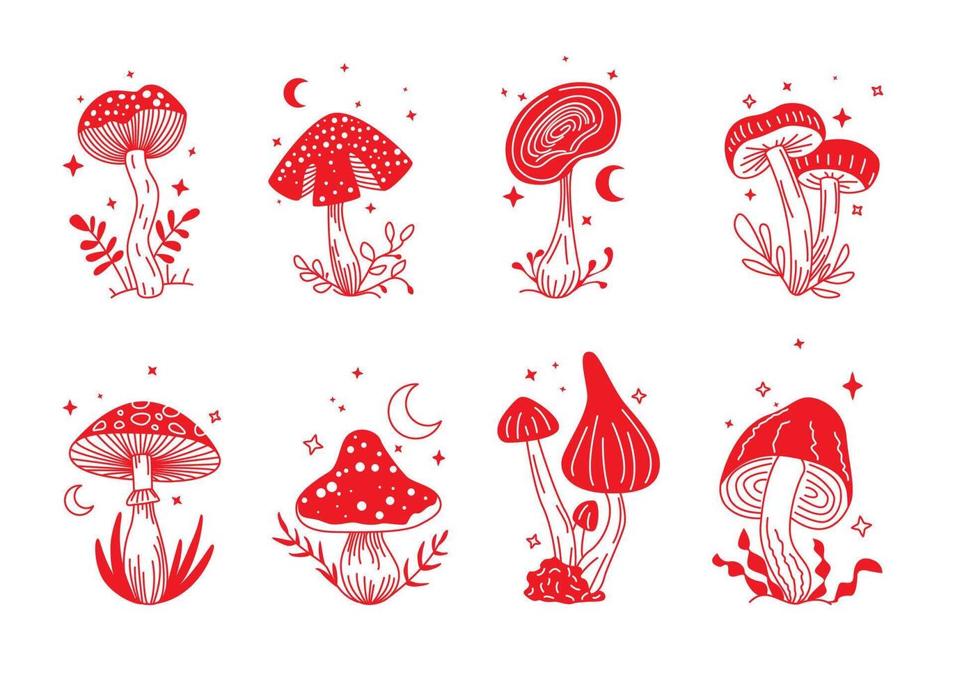 Red Different Magical Mushrooms Icons Set vector