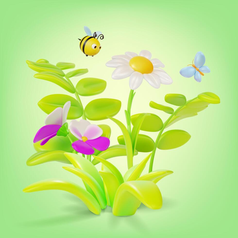 3d diferente flores en césped con volador alrededor mariquita insecto y mariposa dibujos animados vector