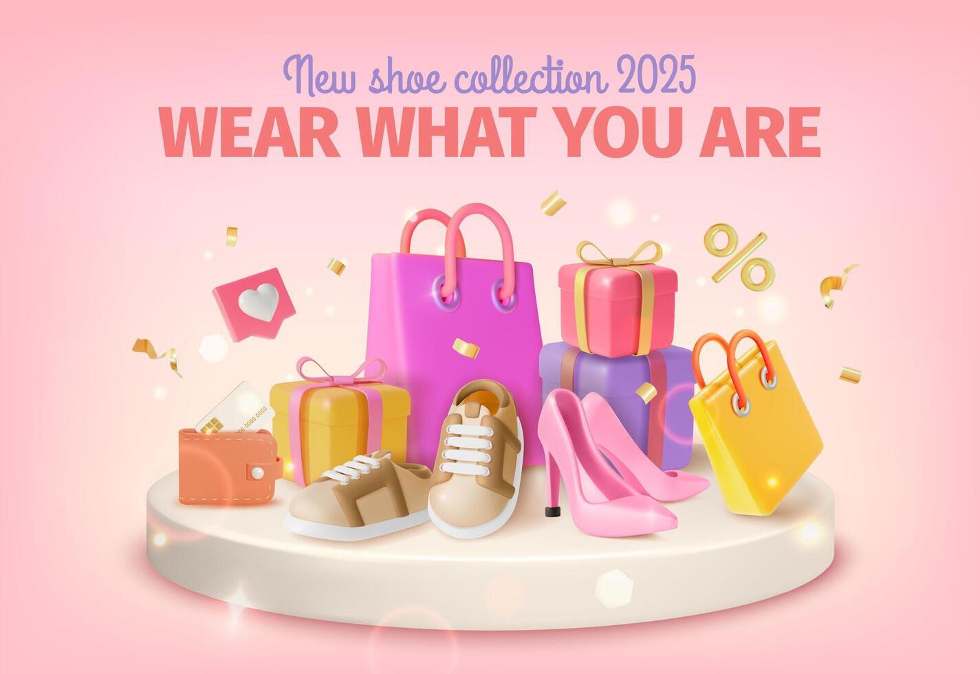 3d New Shoes Collection Ads Banner Concept Poster Card Cartoon Design Style. vector