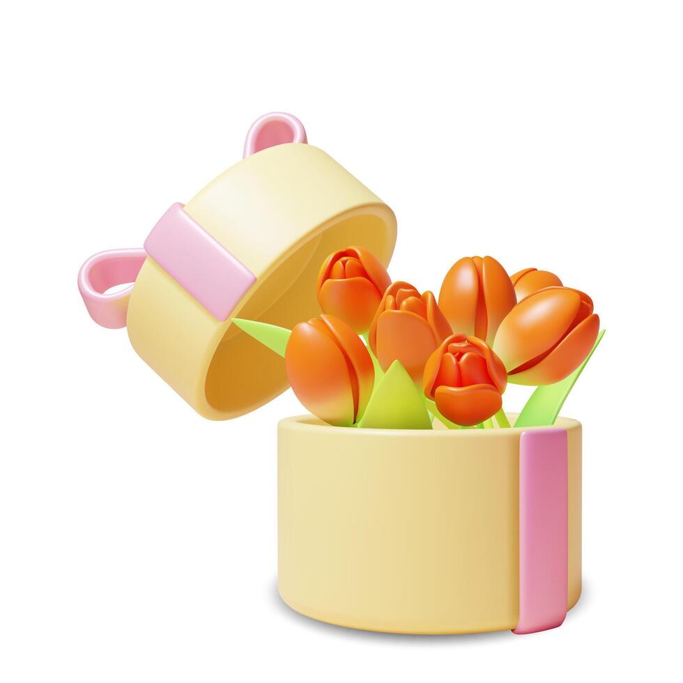 3d Tulips in Gift Box Cartoon vector