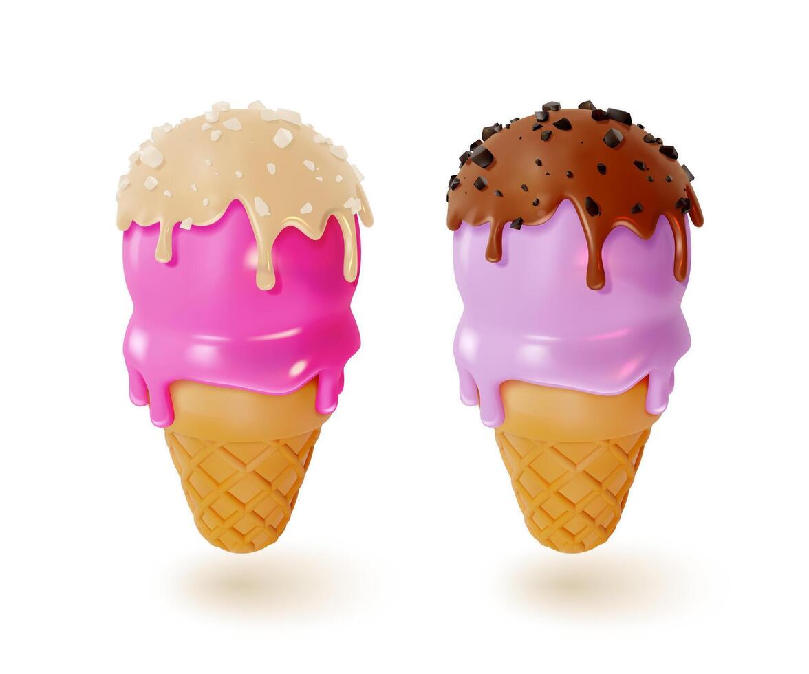 3d Waffle Cone with Scoops of Ice Cream Set Sweet Dessert Food Cartoon vector