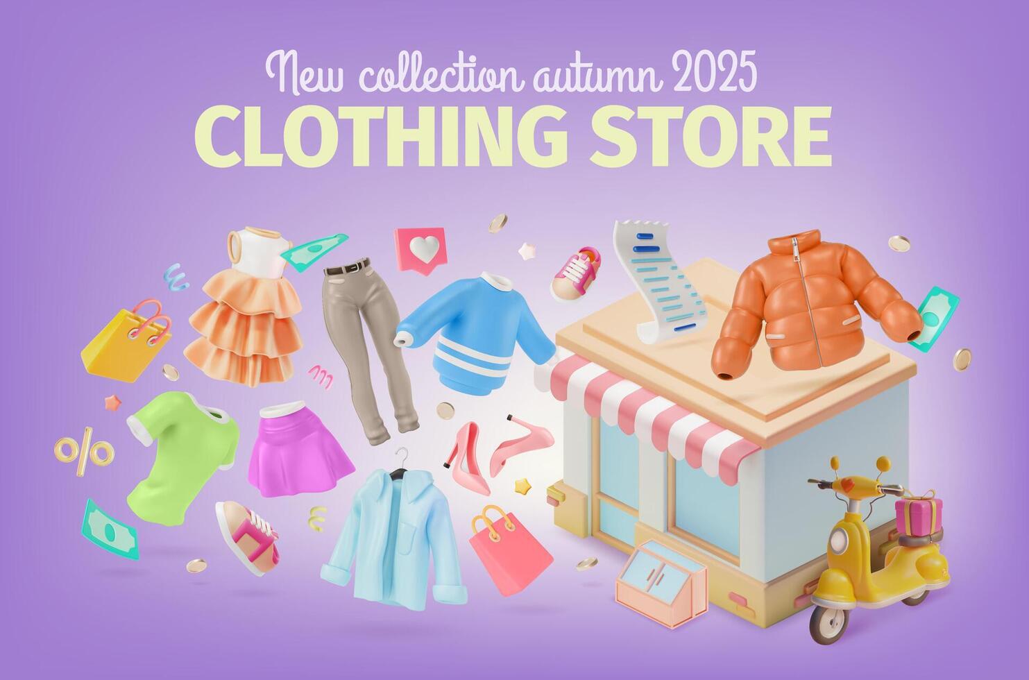3d New Collection Autumn Clothing Store Ads Banner Concept Poster Card. vector
