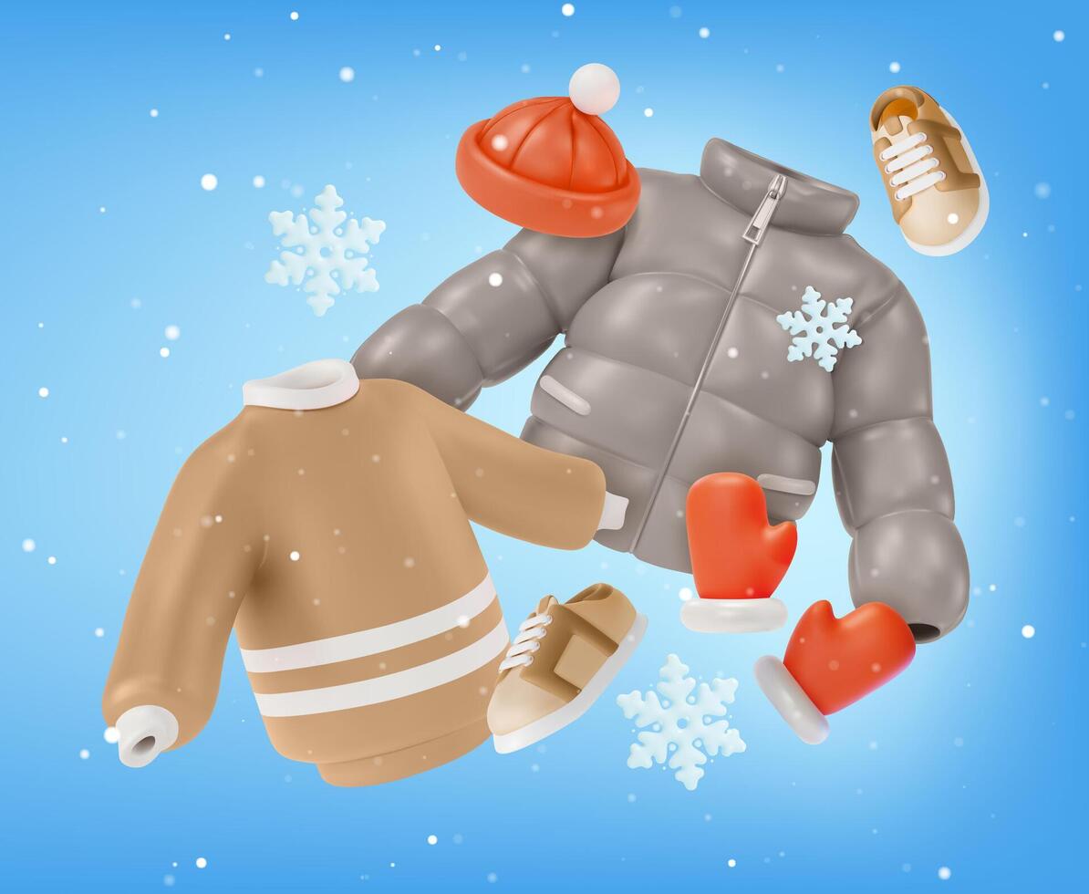3d invierno estacional ropa colección concepto antecedentes dibujos animados estilo. vector