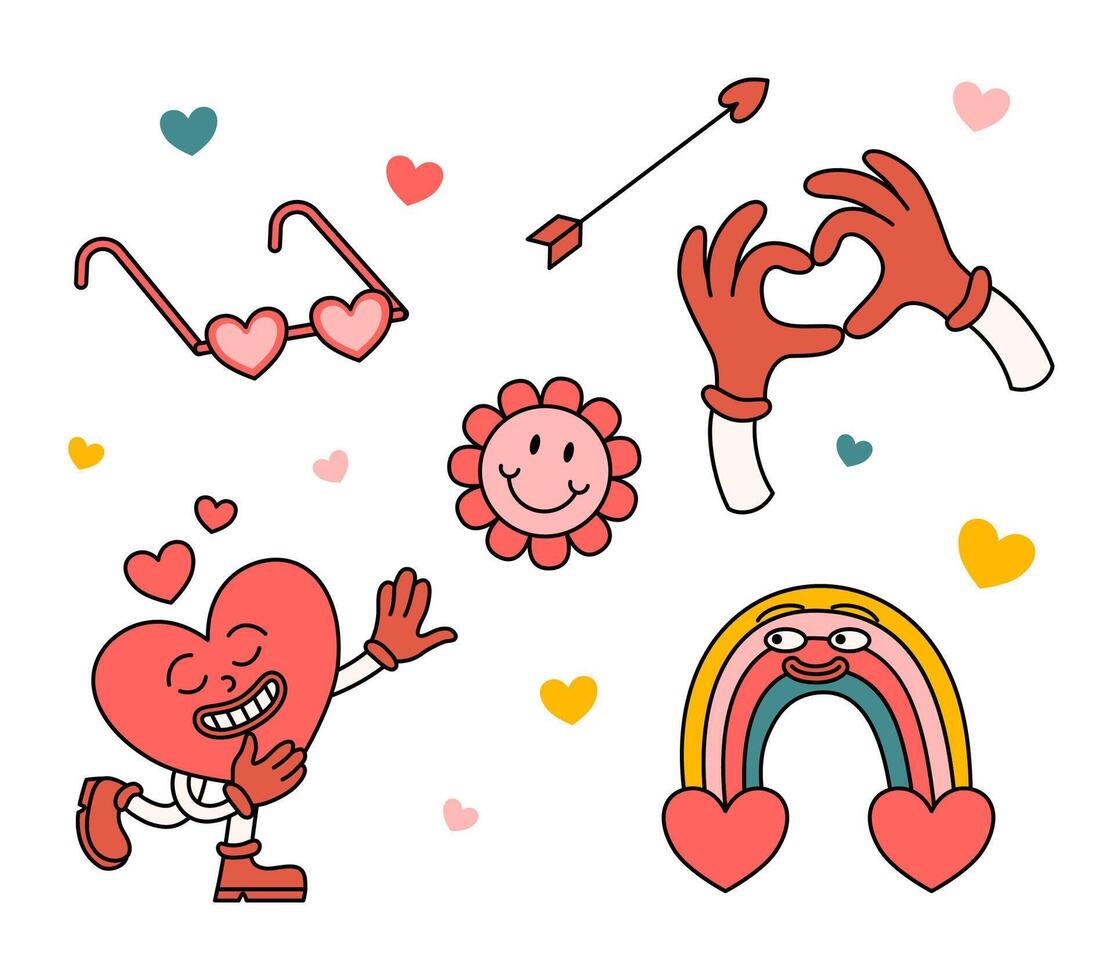 Cartoon Color Groovy Valentines Day Elements Set. vector