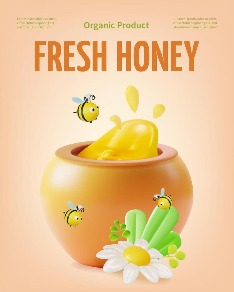 3d Organic Product Fresh Honey Concept Banner Poster Card Cartoon vector