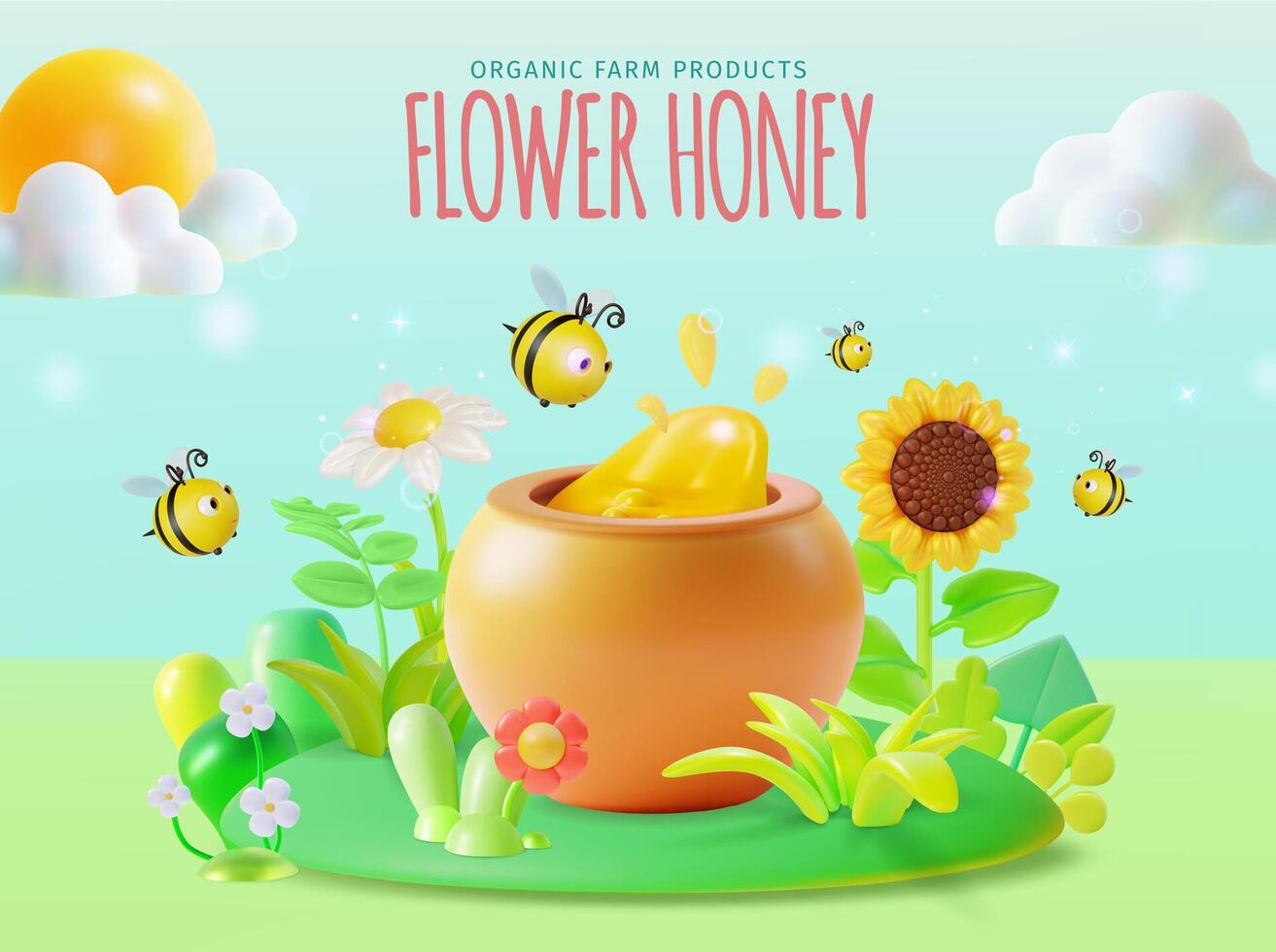 3d Organic Farm Products Flower Honey Concept Banner Poster Card Cartoon vector