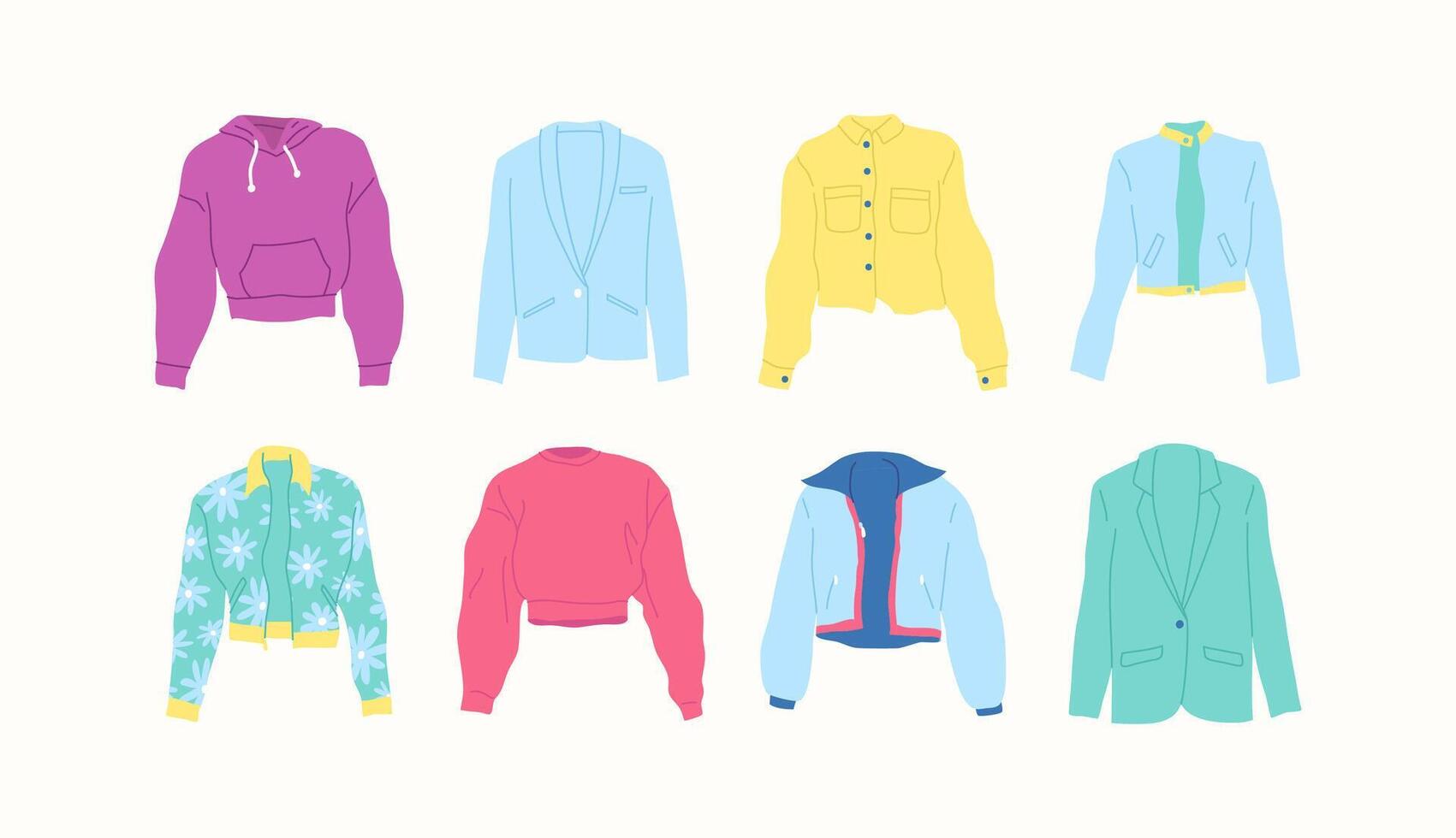 dibujos animados color diferente tipo ropa hembra chaquetas conjunto vector