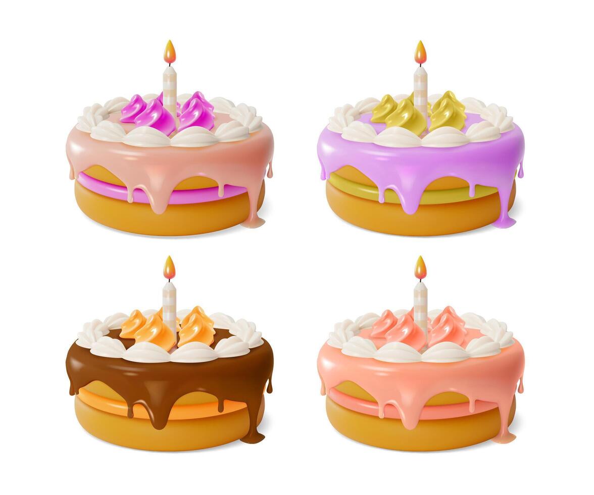 3d Different Birthday Cake with Candle Set Cartoon vector