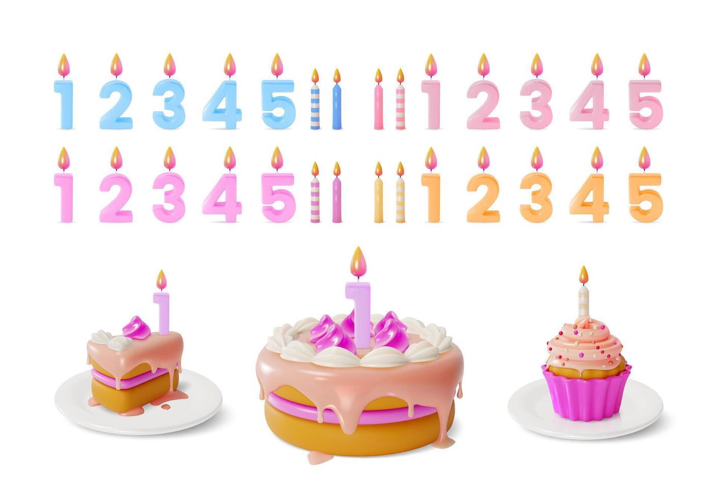 3d Candle Numbers with Cupcake, Birthday Cake Piece and Whole Set Cartoon . vector