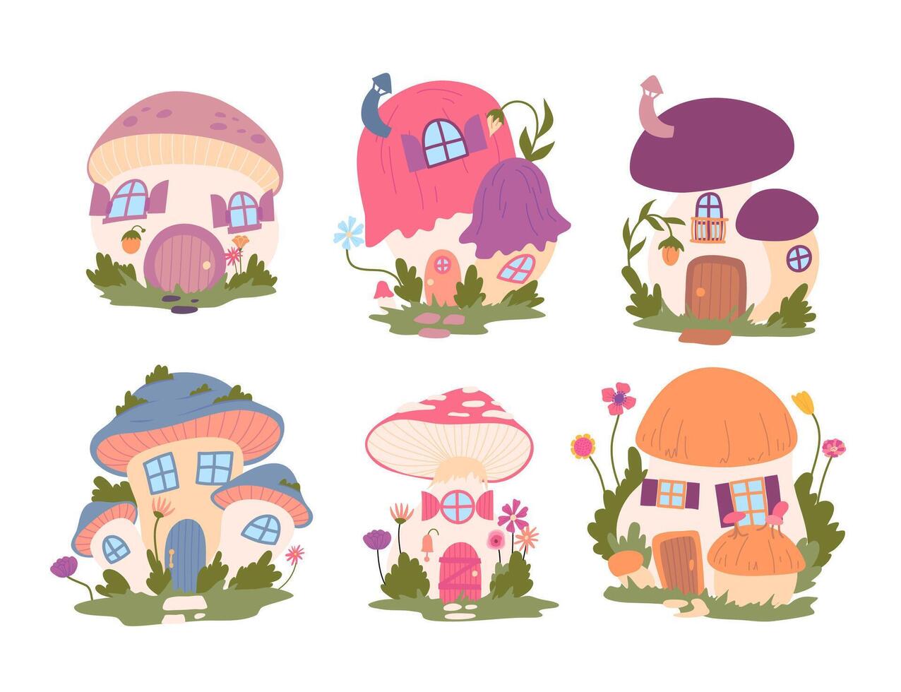 Cartoon Color Different Type Fairytale Mushroom Houses Set vector