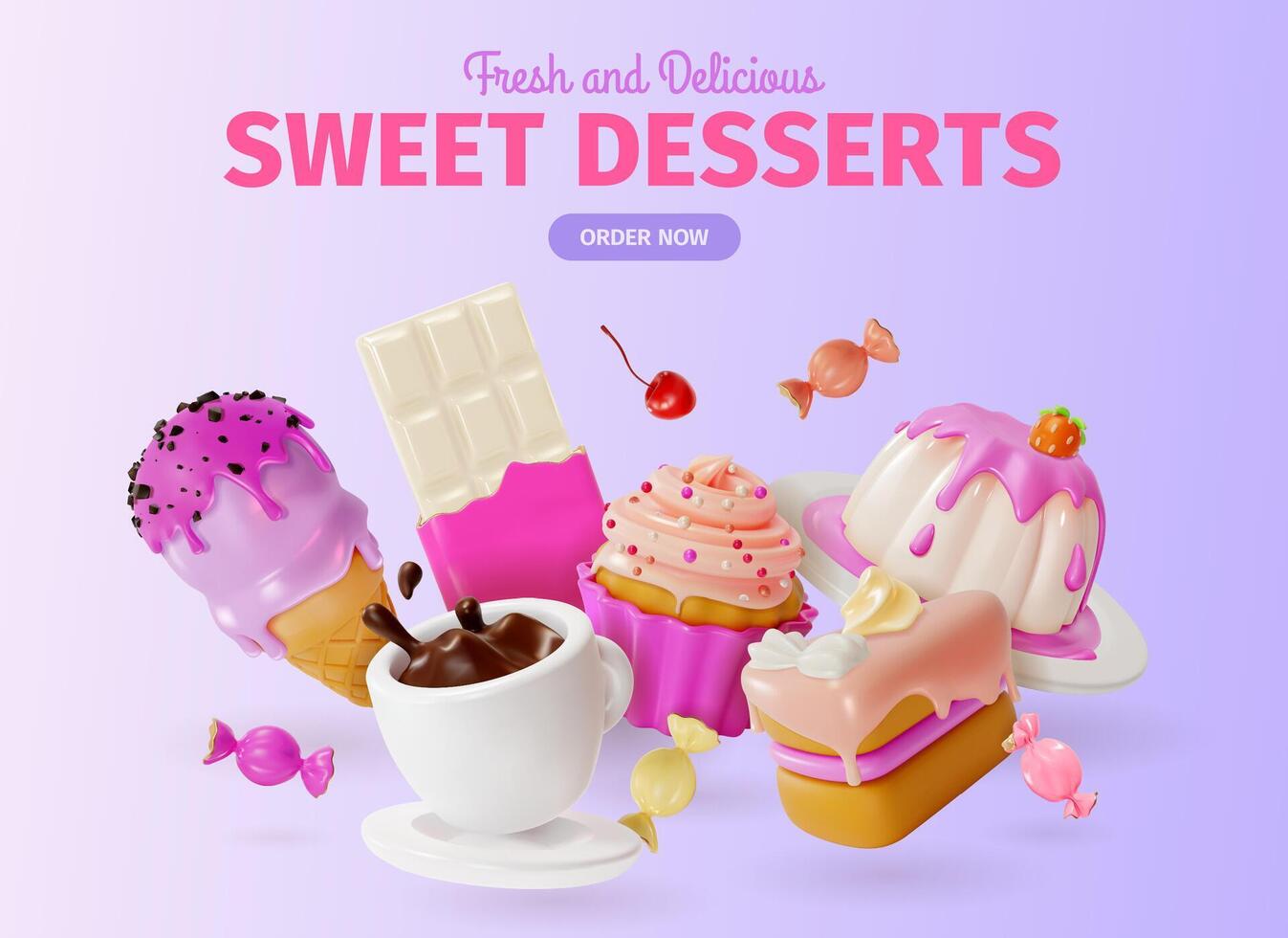 3d Fresco y delicioso dulce postres orden anuncios bandera concepto póster tarjeta. vector