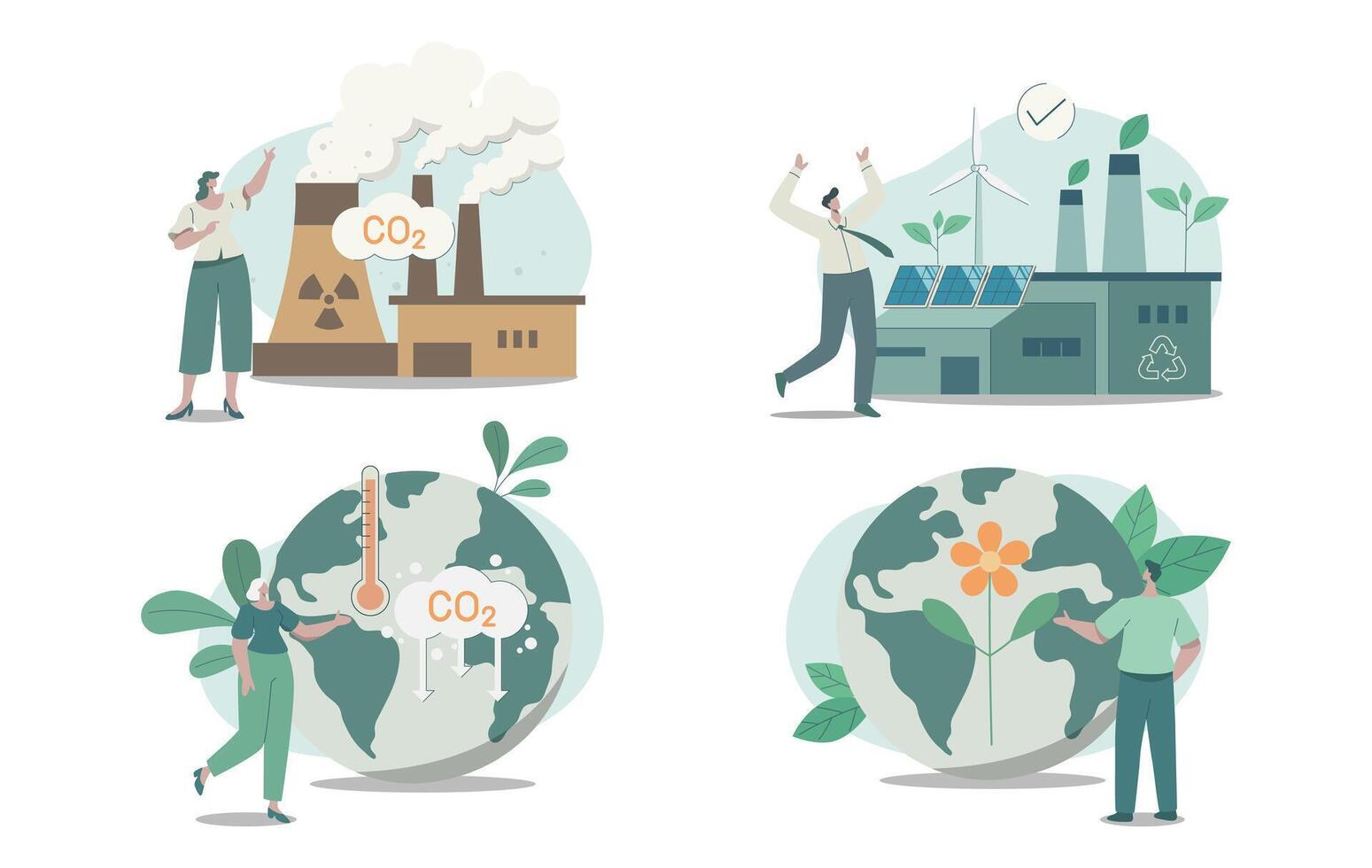 conjunto de clima cambio problema conceptos. eco simpático sostenible, poder planta emisión contaminación co2 y sostenible limpiar fábrica con renovable energía. diseño ilustración. vector