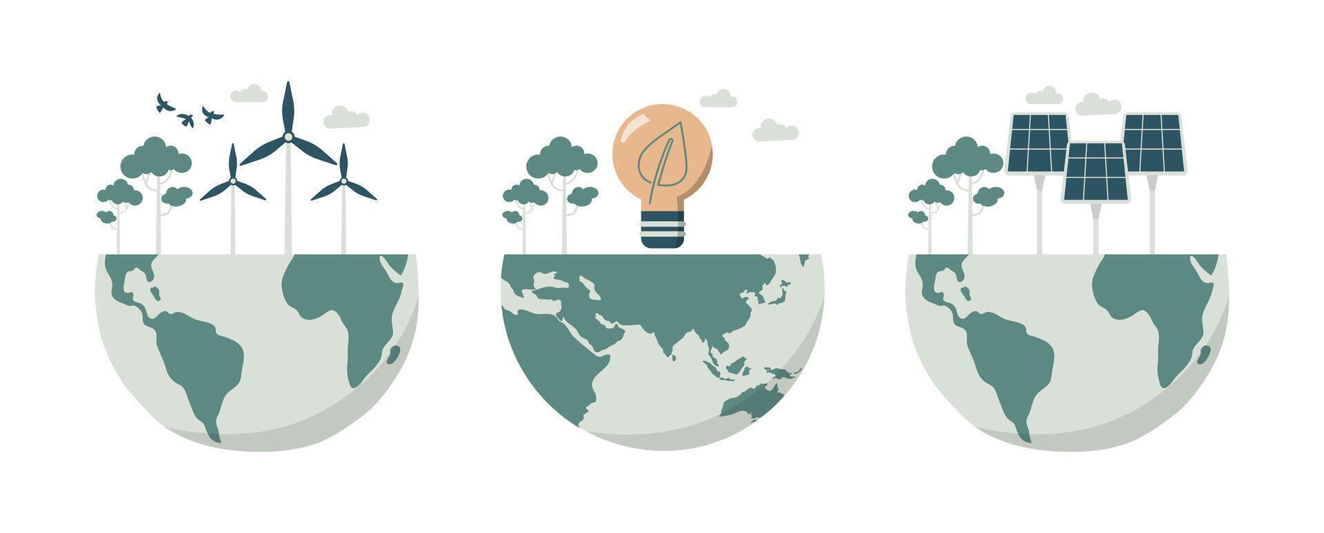 Set of eco friendly and sustainable development, Ecological concept, Conservation of nature and the environment on earth. Wind turbines, light bulbs and solar panels on the globe. design. vector