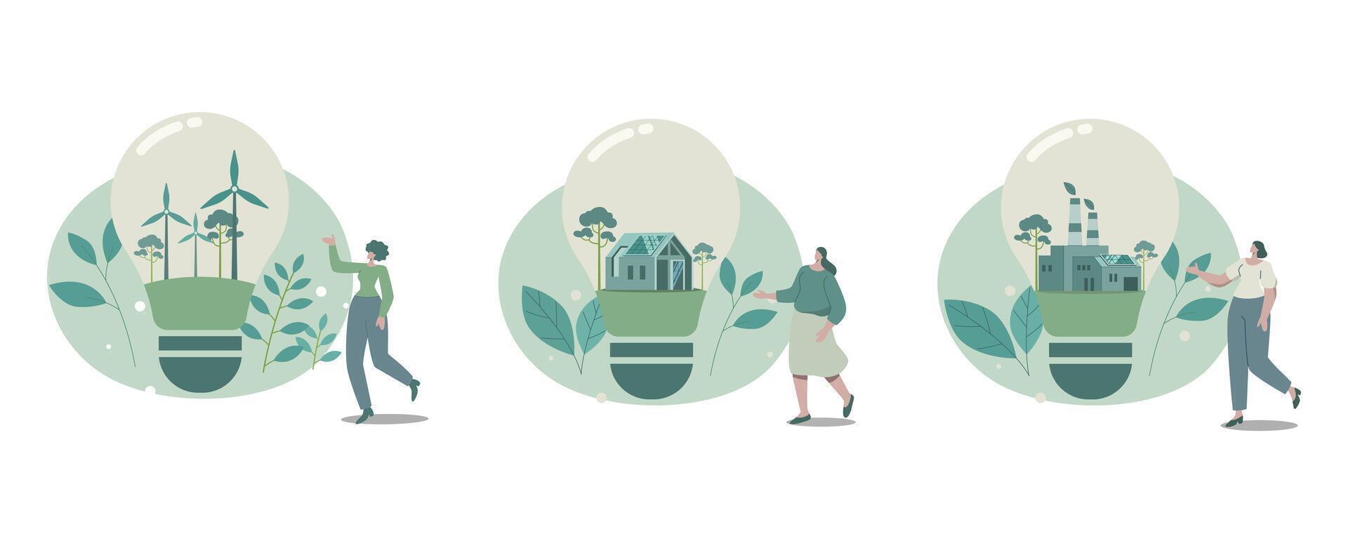 Set of eco friendly and sustainable development, Wind turbines, Energy saving homes and green factories in light bulbs with green trees, Ecological concept, design illustration. vector