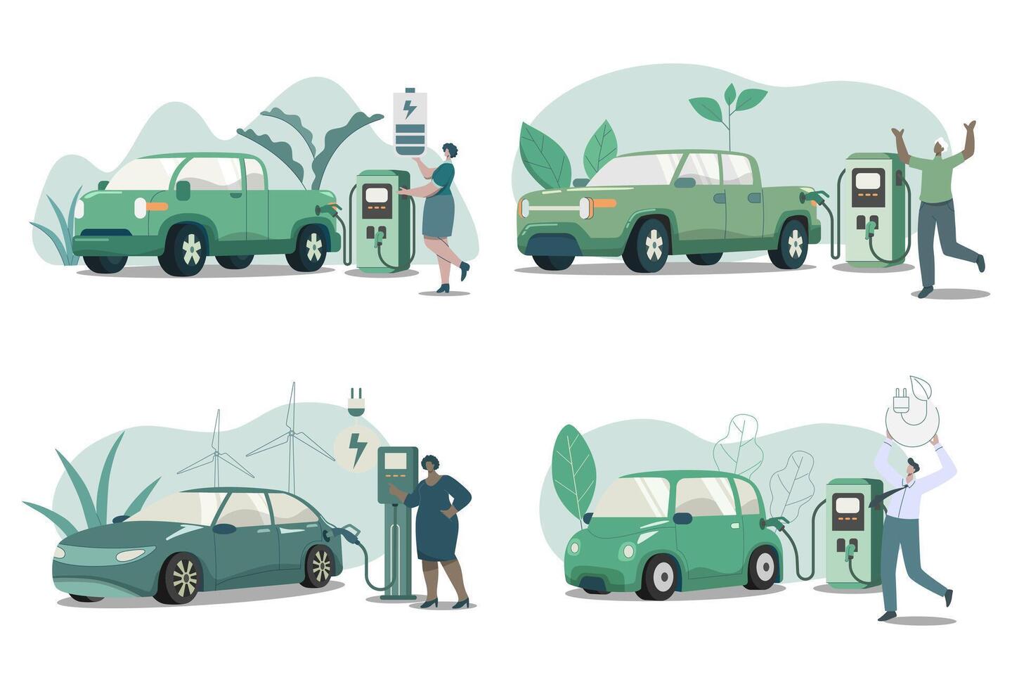 conjunto de eléctrico coche eléctrico recoger con eléctrico cargando estación, eco simpático sostenible, limpiar verde energía desde renovable fuentes, concepto de cuidando para el ambiente en tierra. diseño. vector