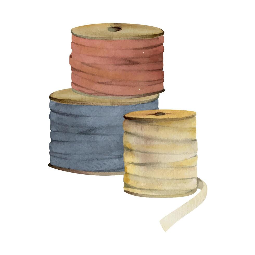 Hand drawn watercolor illustration sewing craft embroidery supplies. Ribbon lace bobbins spools. Composition isolated on white background. Design atelier, tailor, hobby shop, fashion boutique vector