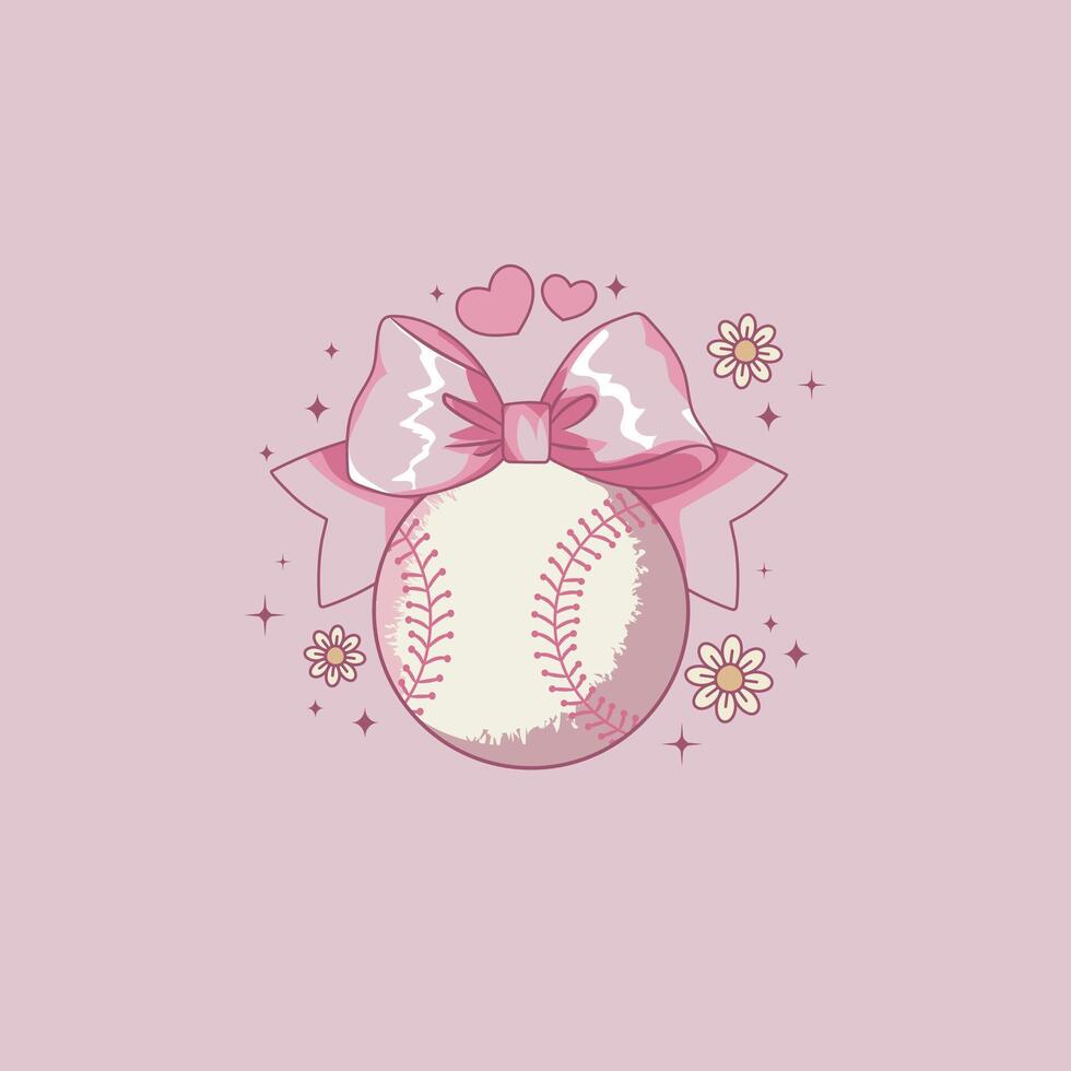 cute coquette style illustration of baseball with a pink ribbon vector