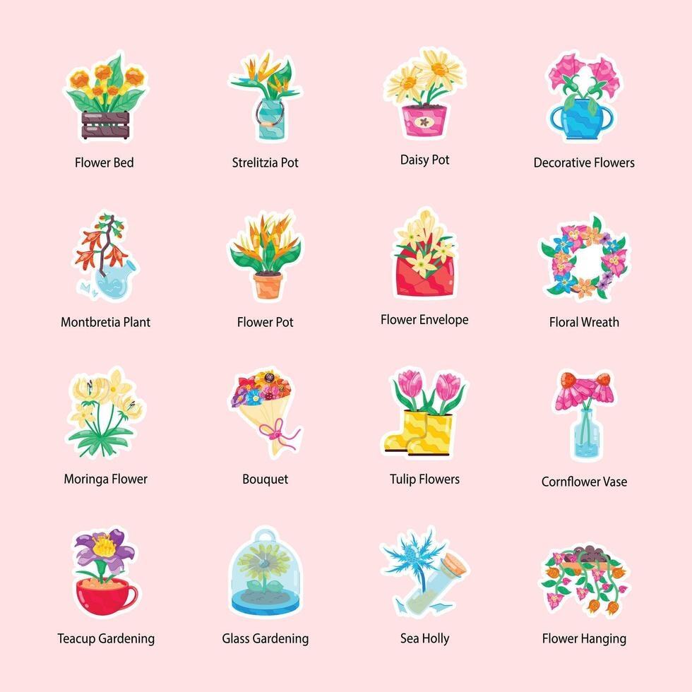 Blossoming Flowers Flat Stickers vector