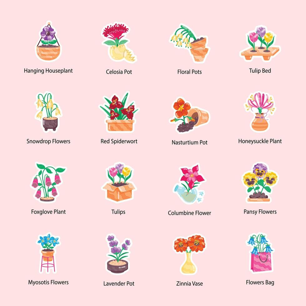 Blossoming Flowers Flat Stickers vector