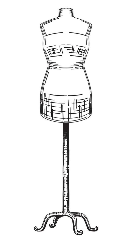 Tailor mannequin sketch. Tools for sewing work, portno dummy doodle. Outline illustration in retro engraving style. vector