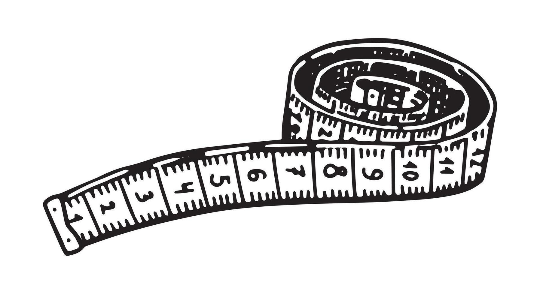 Rolled up measuring tape sketch. Sewing craft, tailor equipment doodle. Outline illustration in retro engraving style. vector