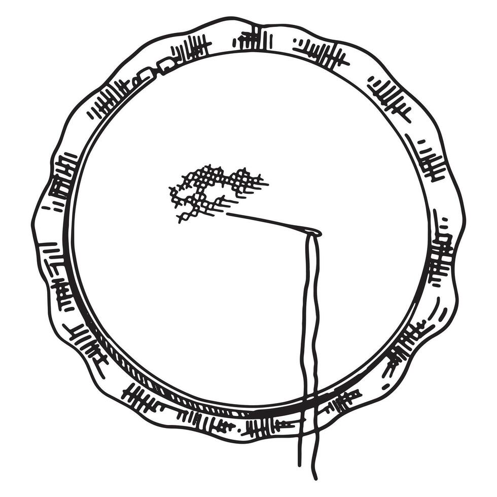 Sketch of embroidery hoop with needle. Tools for sewing work, needlecraft doodle. Outline illustration in retro engraving style. vector