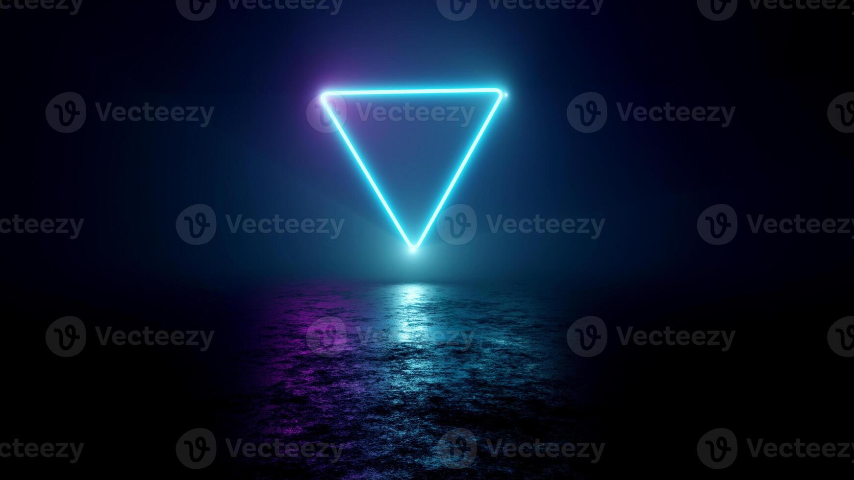 3D rendering creates abstract glowing neon triangles in a dark room . photo