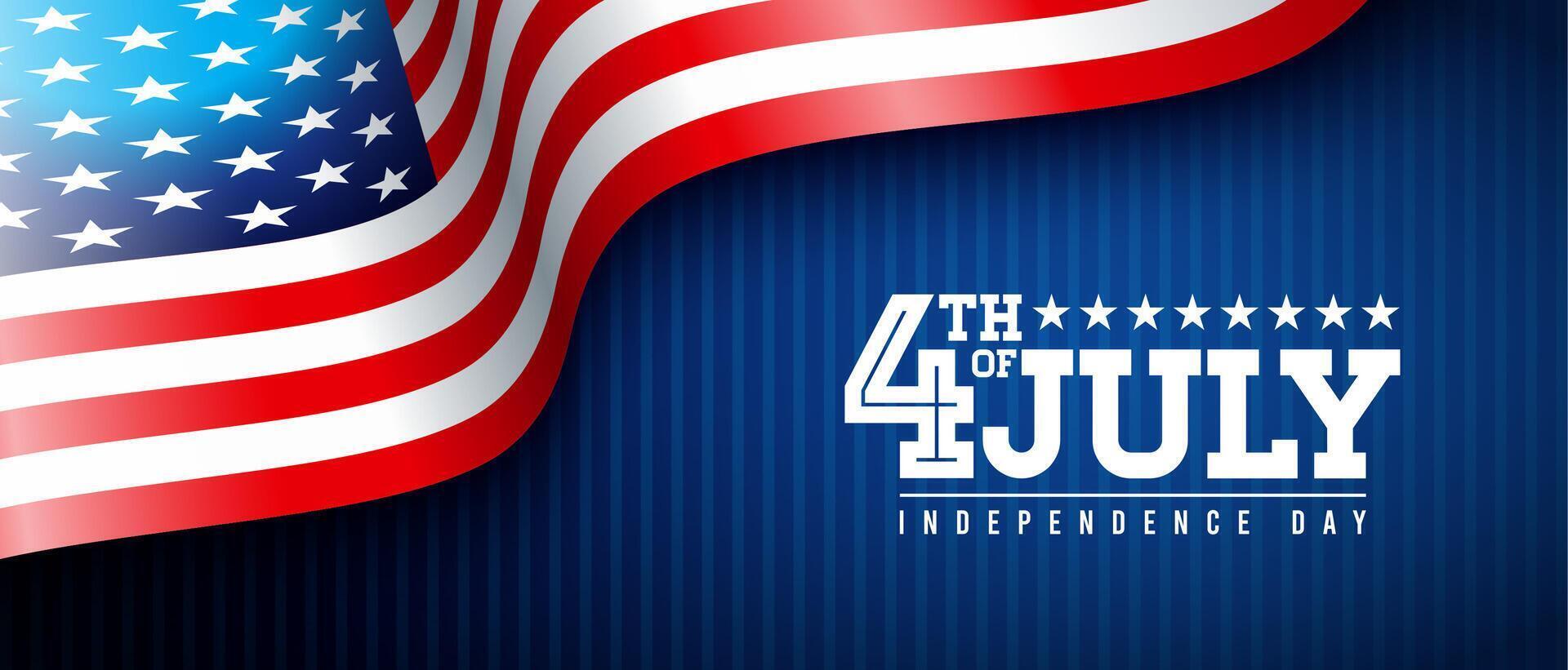 4to de julio independencia día de el Estados Unidos ilustración con americano bandera y texto etiqueta en oscuro azul antecedentes. cuarto de julio nacional celebracion diseño con tipografía letra para bandera vector