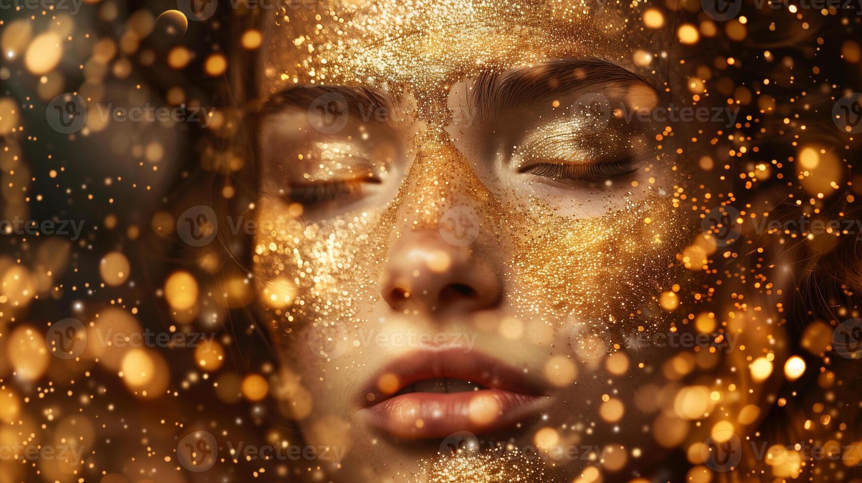 de cerca de un mujer cara con oro Brillantina y bokeh luces foto