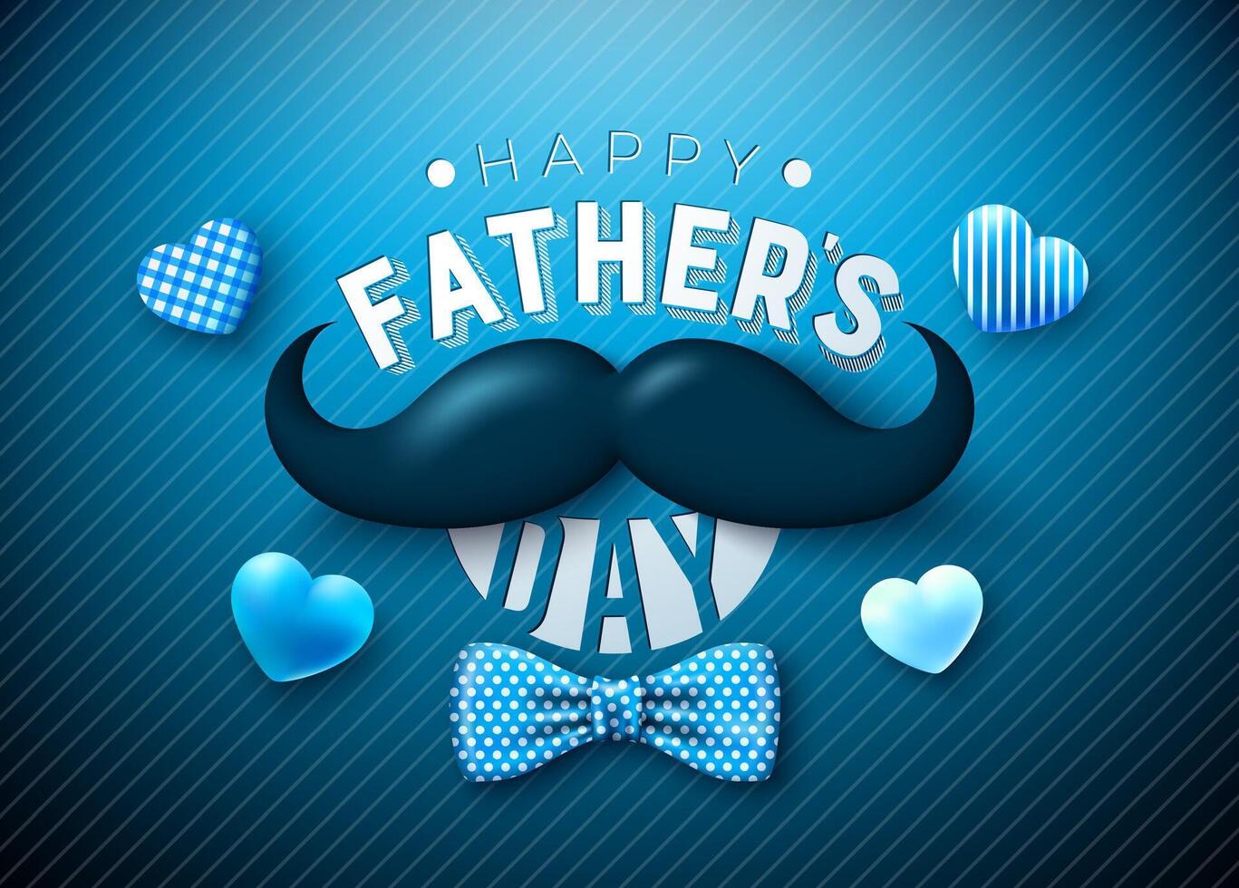 Happy Father's Day Greeting Card Design with Heart, Bow Tie and Mustache on Dark Background. Celebration Illustration for Dad. Template for Banner, Flyer or Poster. vector