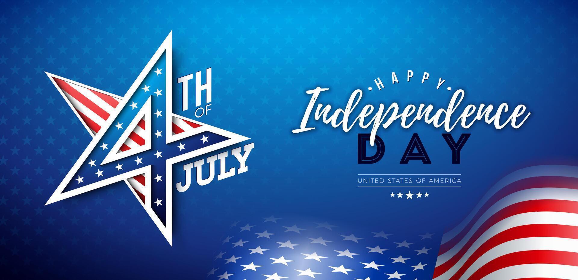 4th of July Independence Day of the USA Illustration with American Flag Pattern 3d Star Symbol on Blue Background. Fourth of July National Celebration Design for Banner, Greeting Card vector