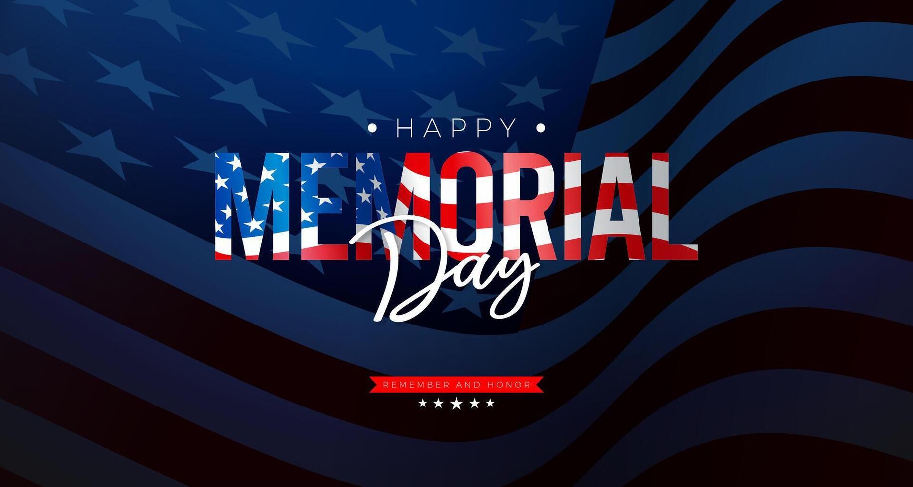 Memorial Day of the USA Illustration with American Flag in Text Label on Darkened Background. National Veteran Patriotic Celebration Design with Typography Lettering for Banner, Flyer, Greeting vector