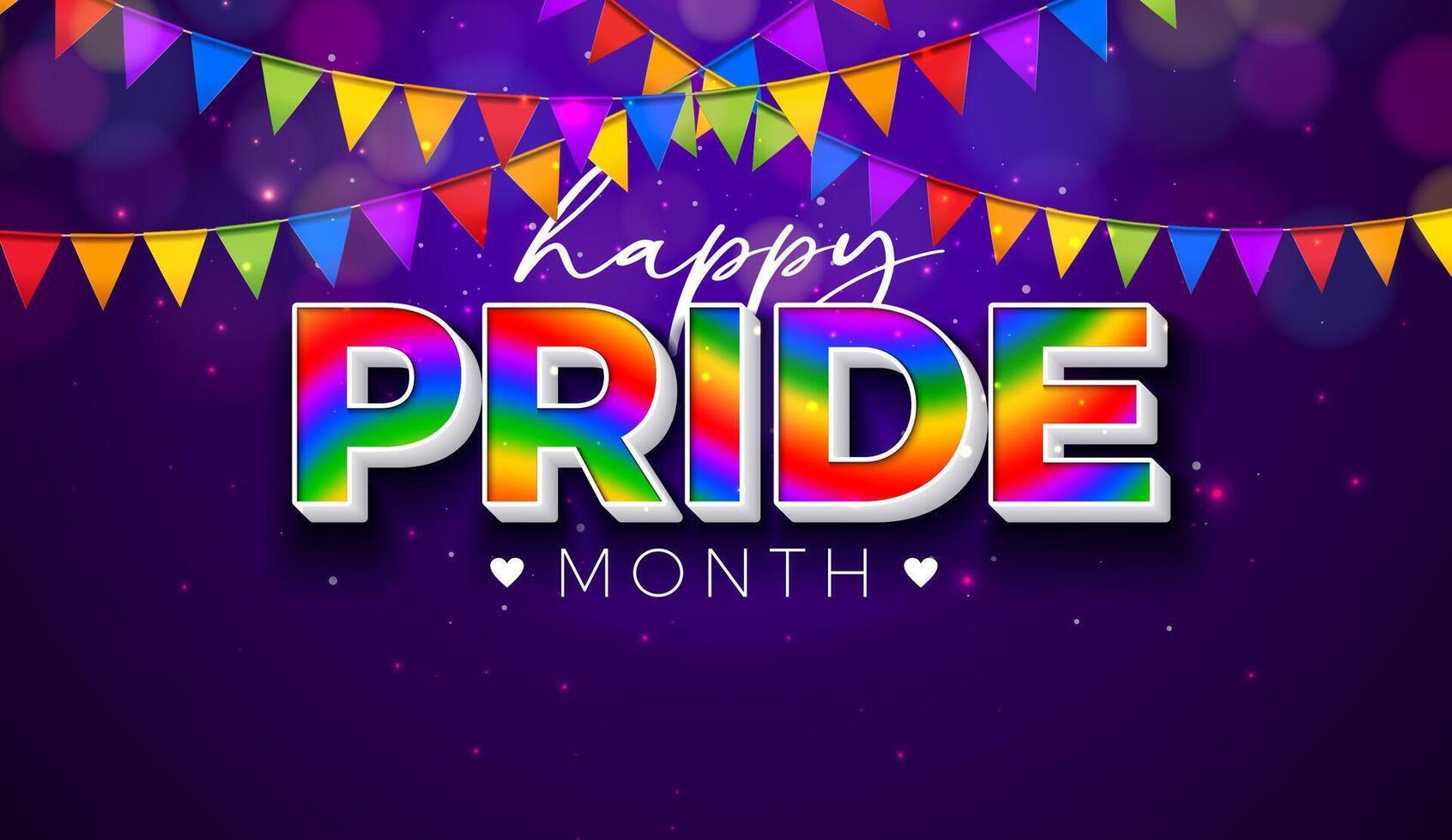 LGBTQ Pride Month Illustration with Rainbow Color 3d Text Label and Colorful Party Flag on Purple Background. Love is Love Human Rights or Diversity Concept. LGBT Event Banner Design for vector