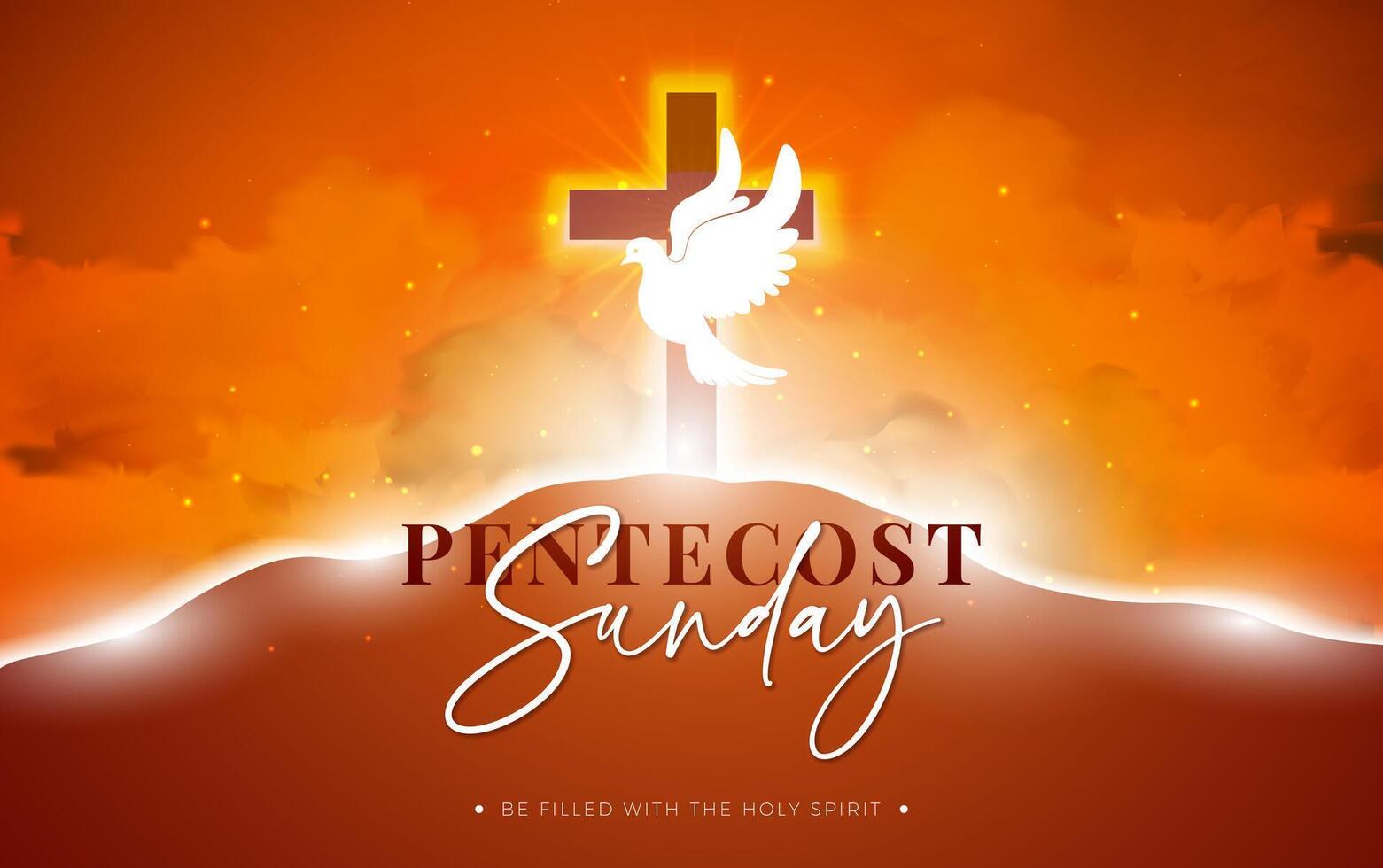 Pentecost Sunday Christian Holiday Illustration with White Flying Dove and Cross on Red Background. Holy Spirit Biblical Whitsunday Celebration Design with Typography Letter for Prayer Card vector