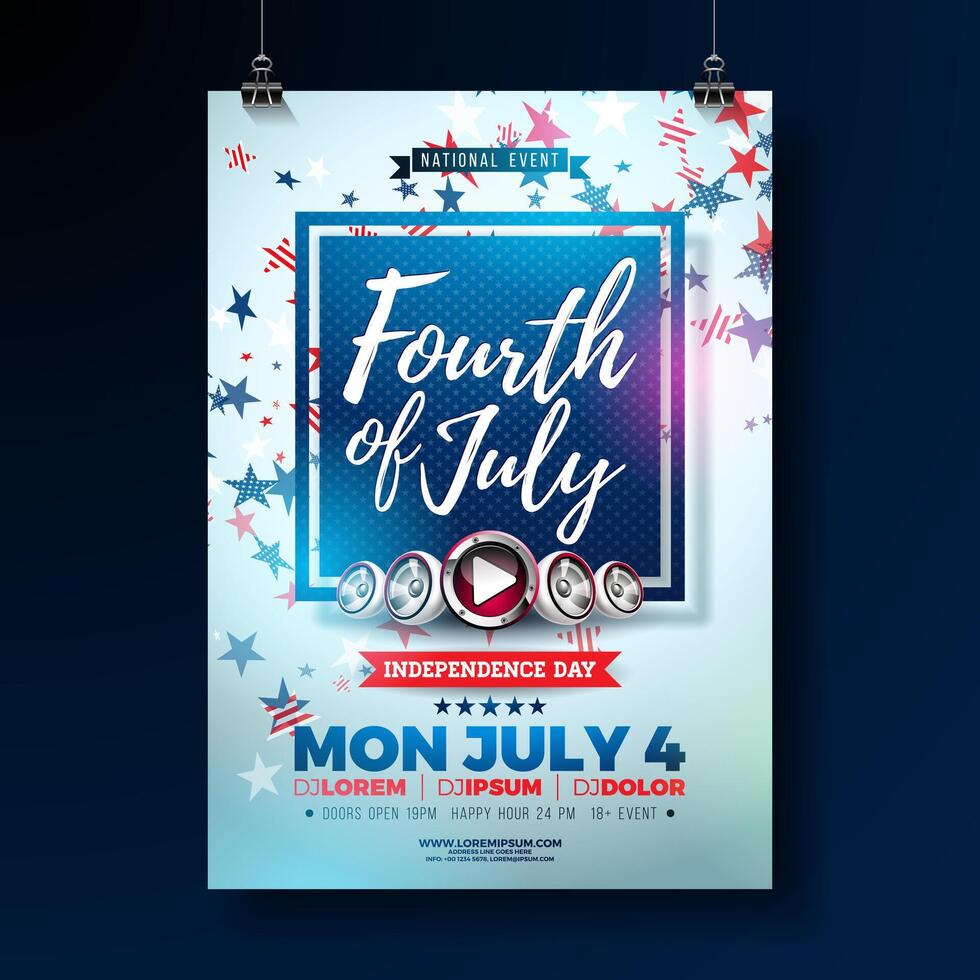 Fourth of July Independence Day of the USA Party Flyer Design with Falling American Flag Pattern Star Shape and Speaker. 4th of July Design on Light Background for Celebration Banner, Greeting vector