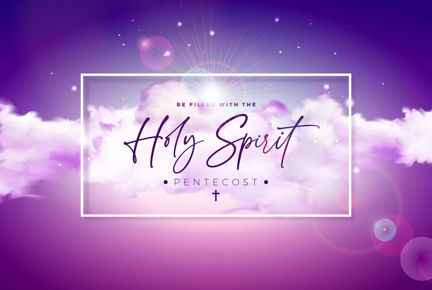 Pentecost Sunday Christian Holiday Illustration with Typography Letter and Cloudy Sky on Shiny Violet Background. Holy Spirit Biblical Whitsunday Celebration Design with for Prayer Card, Banner vector