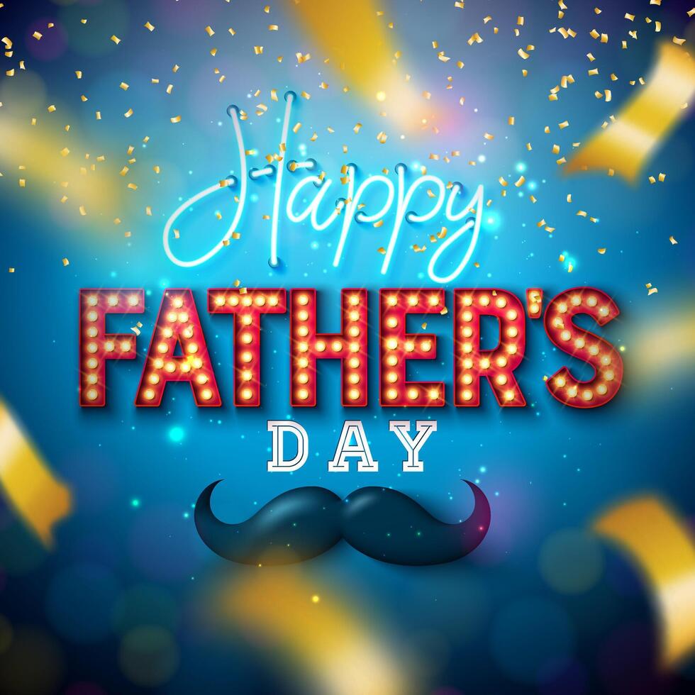 Happy Father's Day Greeting Card Design with Gold Falling Confetti and Neon Light Bulb Billboard Lettering on Blue Background. Celebration Illustration for Dad. Template for Banner, Flyer or vector