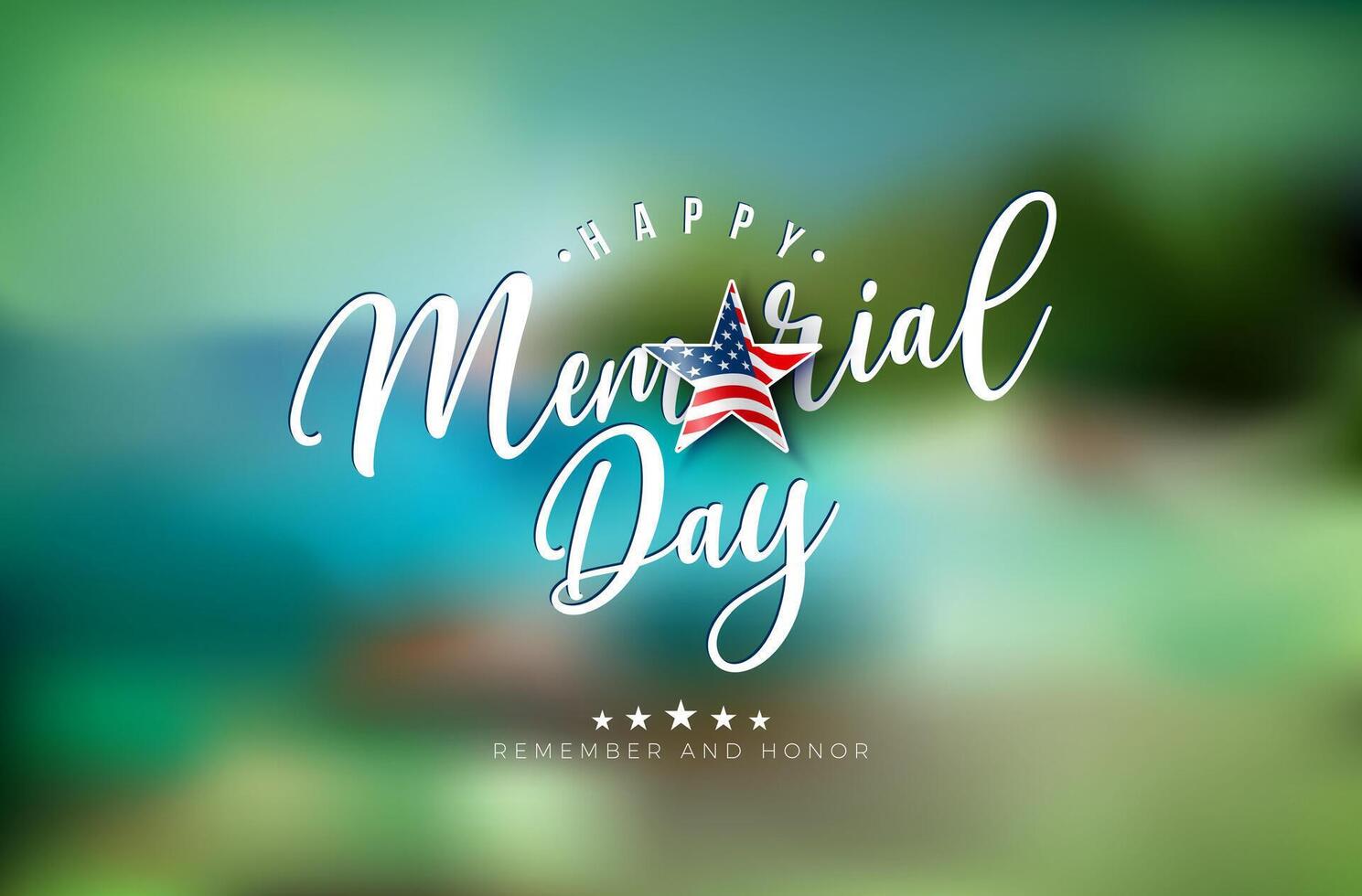 Memorial Day of the USA Design with American Flag in Cutting Star Symbol and Typography Lettering on Blurred Landscape Background. National Patriotic Celebration Illustration for Banner vector